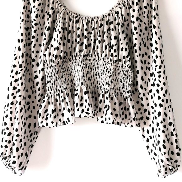 Sincerely Jules Womens White Black Balloon Sleeve Smocked Spotted  Blouse Size M - Picture 3 of 7